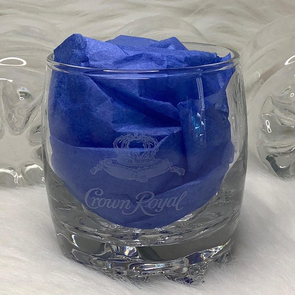Crown Royal Set of 4 Etched Crystal Low Ball Rocks Glass Whiskey Glasses Barware